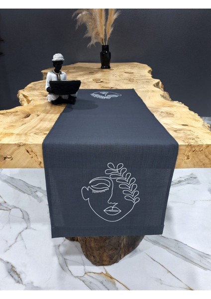 Yüz Illüstrasyon Desenli Nakışlı Amerikan Servis Runner 40X140 cm Gri