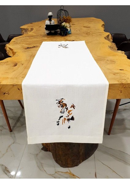 Renkli At Nakışlı Ipek Keten Amerikan Servis, Runner 40X140 Krem