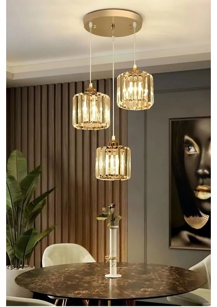 Modern Altın Kaplama Üçlü Sarkıt Avize, Kristal Taşlı Şık Tasarım