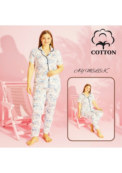 Ay Melek Kadın Pijama Takımı Pamuklu Geniş Beden Gömlek ve Pijama Seti (Battal Boy)