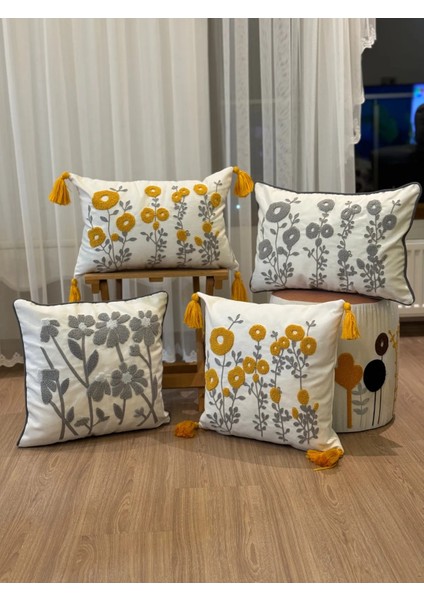 4'lü Punch Işlemeli Nakışlı Panç Dekoratif Kırlent Kılıfı