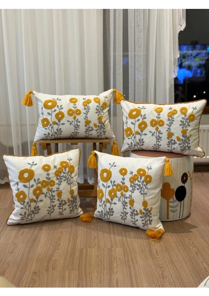 4'lü Punch Işlemeli Nakışlı Panç Dekoratif Kırlent Kılıfı