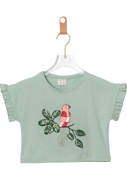 Kuş Baskılı Crop Tshırt Mint Yeşili