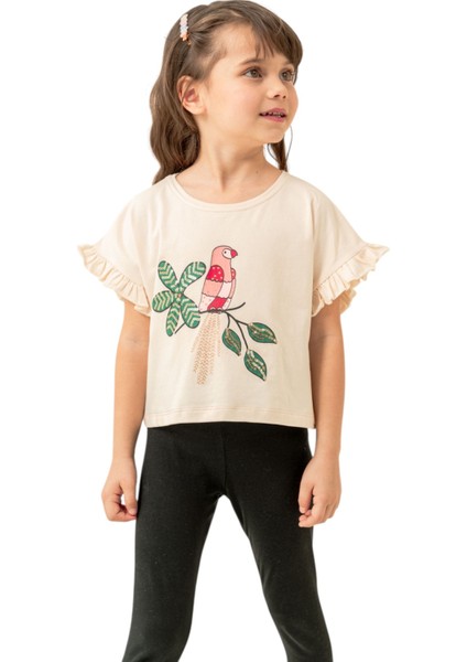 Kuş Baskılı Crop Tshırt Ekru