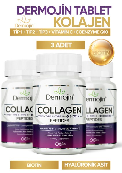 3 Kutu - Biotin, Coenzyme Q10, Hyaluronic Acid, C Vitaminiçeren %100 Saf Tablet Kolajen