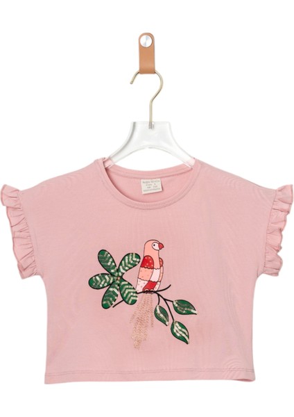 Kuş Baskılı Crop Tshırt Gül Kurusu