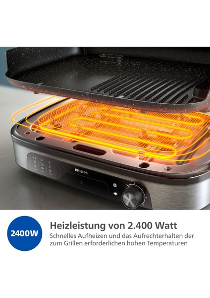 HD6212/90 5000 Serisi Elektrikli Izgara | 2400W Güç, Dumanlı Lezzet, Smoker Özellikli