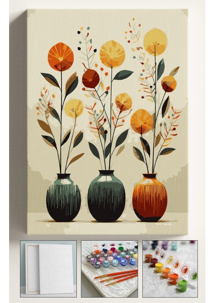 Sayılarla Boyama Çerçeveli Hobi Seti Numaralı Tuval Fırça Boya Dahil Kasnaklı 40X50 cm 3lü Vazo