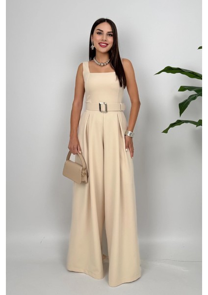 Noir Flow Kadın Taş Kemerli Askılı Bol Paça Tulum – Zarif Şıklık