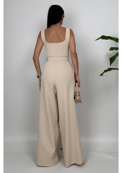 Noir Flow Kadın Taş Kemerli Askılı Bol Paça Tulum – Zarif Şıklık