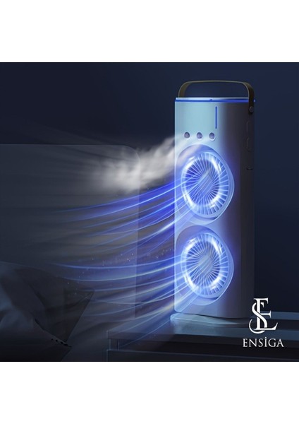 Şarjlı Iki Pervaneli Su Püskürtmeli Serinletici Vantilatör Döner Kumandalı Masa Kamp Ofis Ev Fanı