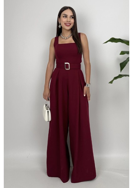 Noir Flow Kadın Bordo Kemerli Askılı Bol Paça Tulum – Zarif Şıklık