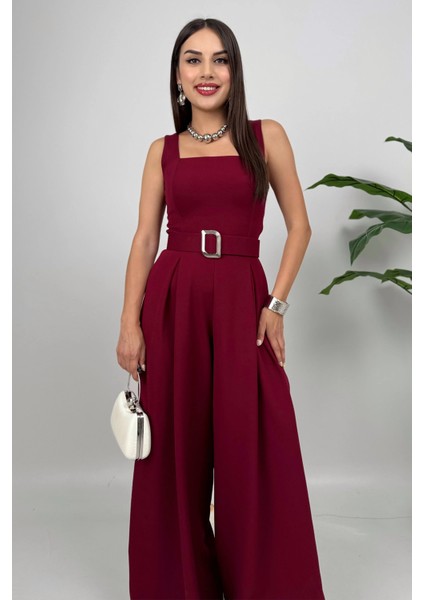 Noir Flow Kadın Bordo Kemerli Askılı Bol Paça Tulum – Zarif Şıklık modelleri