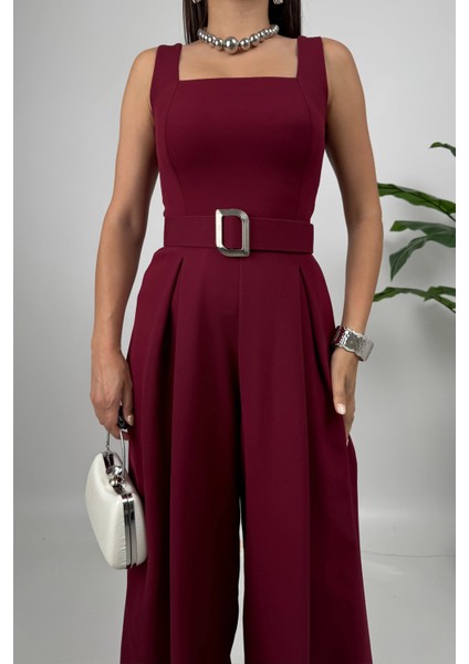 Noir Flow Kadın Bordo Kemerli Askılı Bol Paça Tulum – Zarif Şıklık indirimleri