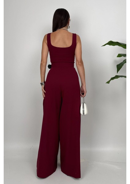 Noir Flow Kadın Bordo Kemerli Askılı Bol Paça Tulum – Zarif Şıklık