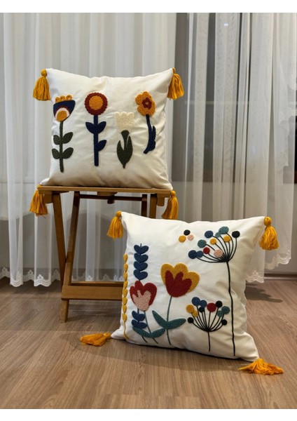 2'li Punch Işlemeli Nakışlı Panç Dekoratif Kırlent Kılıfı