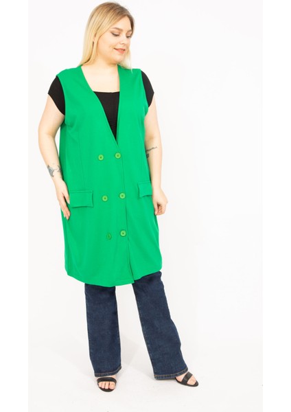 Kadın Saks Büyük Beden Ön Düğmeli Süs Cepli Uzun Yelek 65N35779 fiyatları