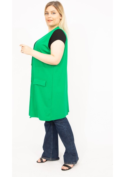 Kadın Saks Büyük Beden Ön Düğmeli Süs Cepli Uzun Yelek 65N35779 fırsatları