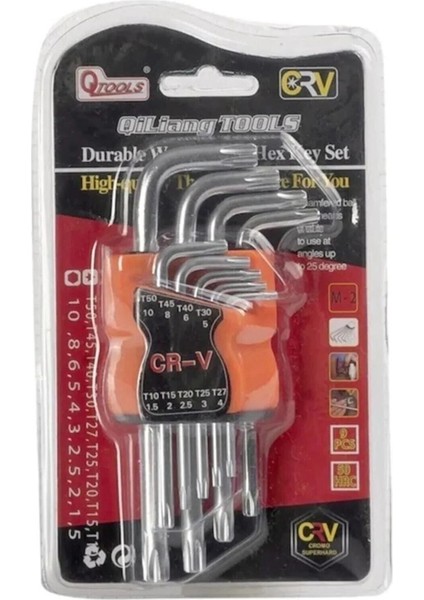 Qtools 9 Parça Çelik Kısa Alyan Takımı Tork Anahtarı Seti Yıldız Uçlu Allen Anahtarları