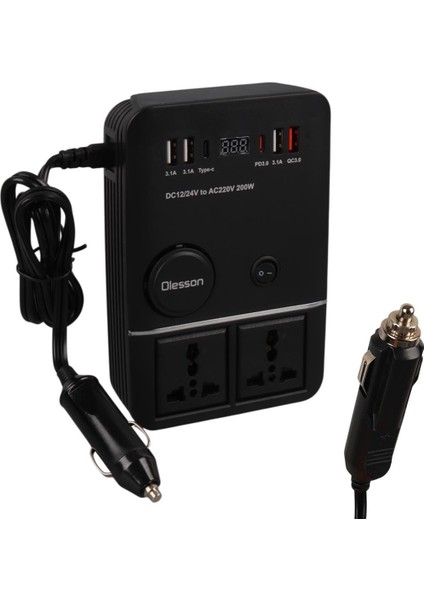 Olesson 1661 Dc 12-24V 200W Oto Araç Power Inverter 2x Çakmak Girişi 2x Type-C 4x USB 2x 220V Üniversal Priz