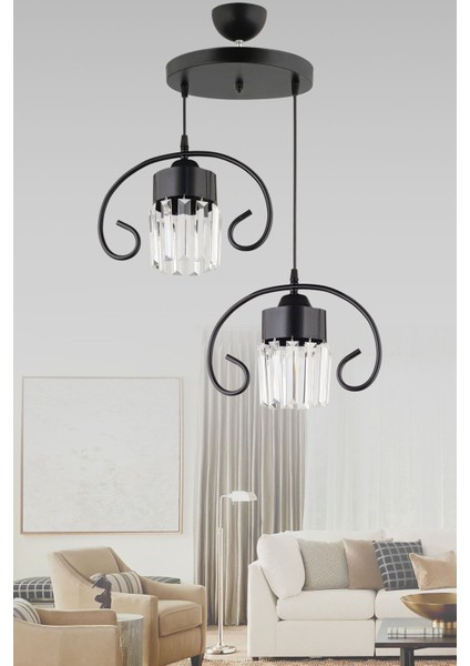 Kelebekli Siyah Kristal Sarkıt Tepsi Çiftli Lüks Avize