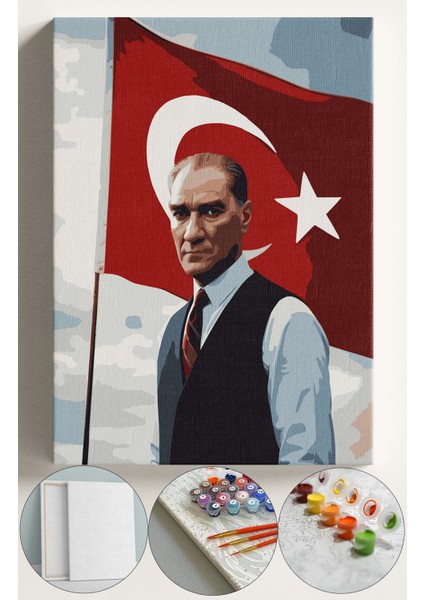 Sayılarla Boyama Çerçeveli Hobi Seti Numaralı Tuval Fırça Boya Dahil Kasnaklı 40X50 cm Atatürk Bayrak