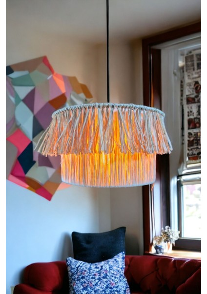 El Yapımı Saçaklı Avize, Rustik ve Bohem Tarz, Gri Renk, Şık ve Doğal Aydınlatma.