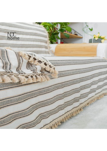 Keten Kahverengi Çizgili Bej Ponponlu Koltuk Örtüsü 170X220 fiyatları