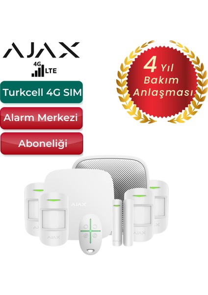 4g Sim Kartlı Alarm Seti Siren Dahil 5 Dedektörlü Sistem – 1 Adet Manyetik ve 4 Adet Hareket Dedektörü – Beyaz
