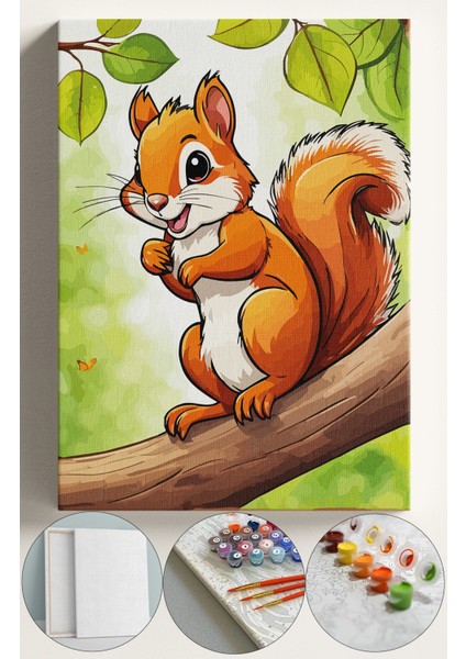 Sayılarla Boyama Çerçeveli Hobi Seti Numaralı Tuval Fırça Boya Dahil Kasnaklı 40X50 cm Bebek Sincap