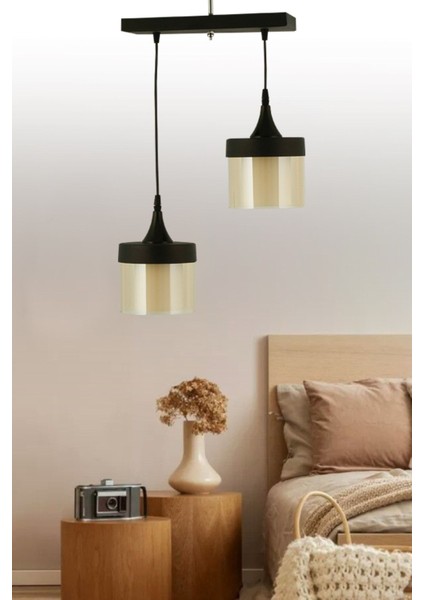 Şık 2'li Siyah Başlıklı Sıralı Bal Camlı Sarkıt Avize, Modern ve Estetik Aydınlatma.