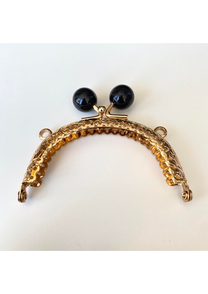 Oval Siyah Inci Boncuklu Işleme Baskılı Çanta ve Cüzdan Bursu - Klipsi Altın 8.5 cm BA-0102