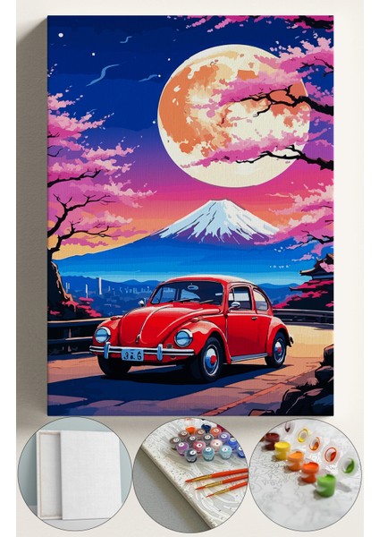 Sayılarla Boyama Çerçeveli Hobi Seti Numaralı Tuval Fırça Boya Dahil Kasnaklı 40X50 cm Ay ve Kırmızı Vosvos