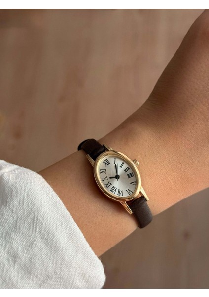 Beyaz Kadranlı Ince Acı Kahve Deri Kayış Kadın Kol Saati -43