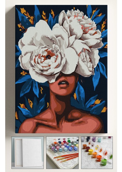 Sayılarla Boyama Çerçeveli Hobi Seti Numaralı Tuval Fırça Boya Dahil Kasnaklı 40X50 cm Beyaz Açan Kadın