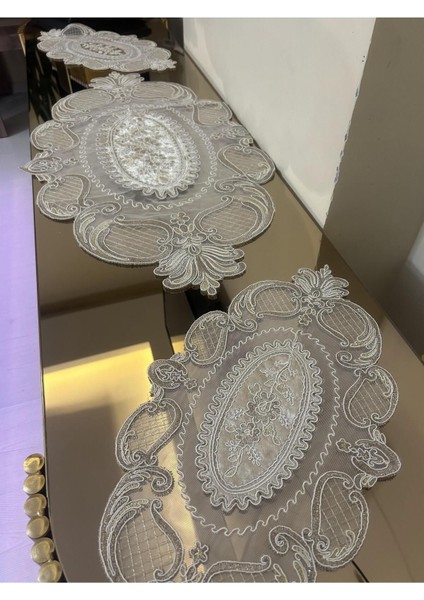 Kadife Salon Takımı 3 Parça Kapiçino Renkli Runner ve Sehpa Örtüsü