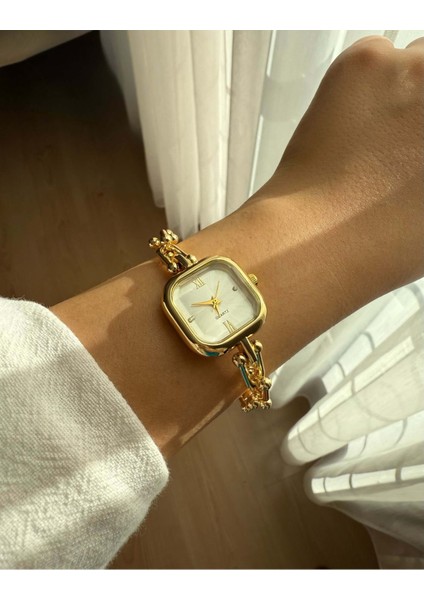 Kare Kadran Zincir Kordonlu Çelik Gold Minimal Kadın Kol Saati -32