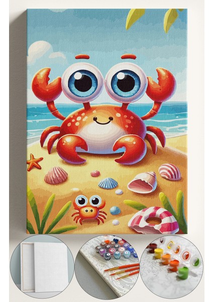 Sayılarla Boyama Çerçeveli Hobi Seti Numaralı Tuval Fırça Boya Dahil Kasnaklı 40X50 cm Bebek Yengeç