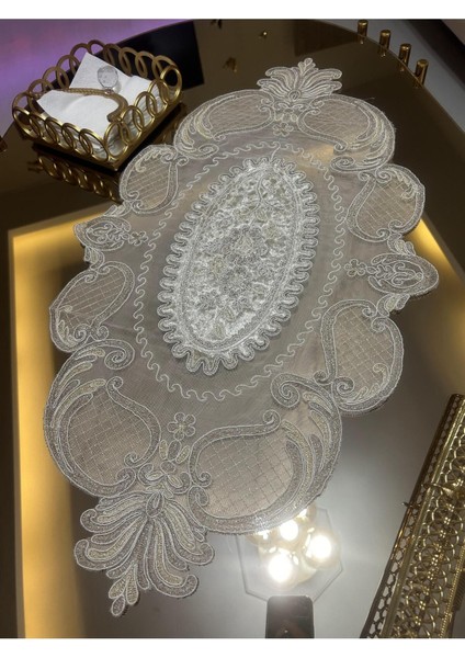 Kadife Salon Takımı 3 Parça Kapiçino Renkli Runner ve Sehpa Örtüsü