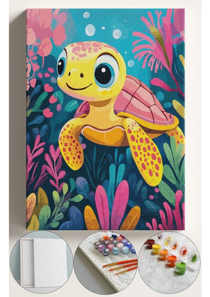 Sayılarla Boyama Çerçeveli Hobi Seti Numaralı Tuval Fırça Boya Dahil Kasnaklı 40X50 cm Bebek Kaplumbağa