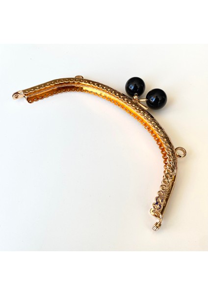 Oval Siyah Inci Boncuklu Işleme Baskılı Çanta ve Cüzdan Bursu - Klipsi Altın 16.5 cm BA-0105