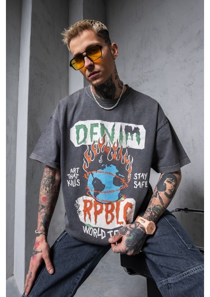 Erkek Füme Tişört Oversize Bol Kesim %100 Pamuk