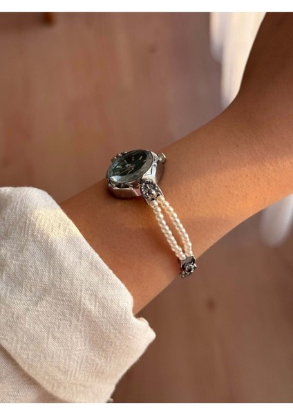 Yuvarlak Yeşil Kadranlı Gümüş Inci Kordonlu Kadın Vintage Saat- 40 fiyatları