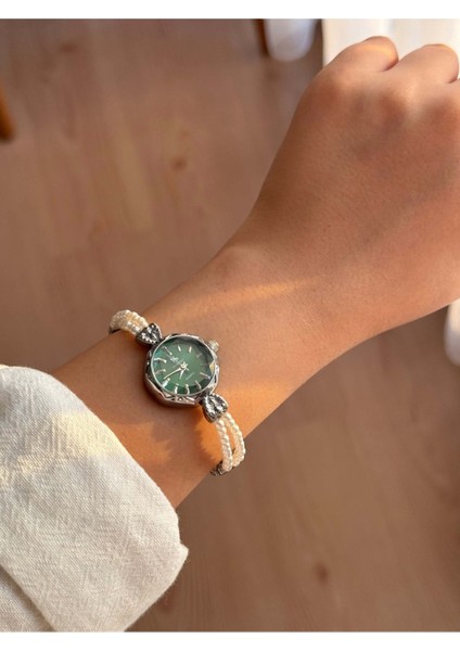 Yuvarlak Yeşil Kadranlı Gümüş Inci Kordonlu Kadın Vintage Saat- 40 modelleri