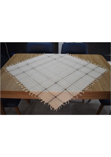 El Dokuması Keten Fiskos Masa Örtüsü, Bej Renk, Zarif ve Şık Tasarım