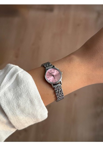 Yuvarlak Pembe Kadranlı Ince Gümüş Kordon Minimal Kadın Kol Saati - 41