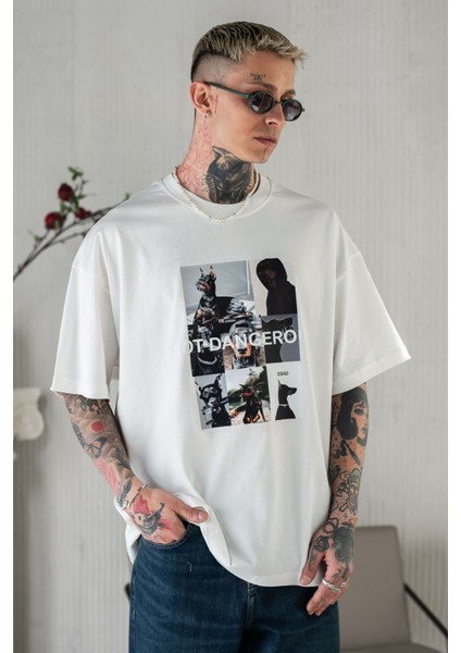 Erkek Beyaz Oversize Bol Kesim Baskılı Tişört %100 Pamuk