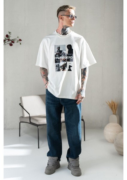 Erkek Beyaz Oversize Bol Kesim Baskılı Tişört %100 Pamuk fiyatları