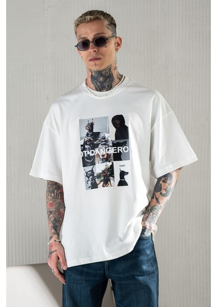 Erkek Beyaz Oversize Bol Kesim Baskılı Tişört %100 Pamuk modelleri
