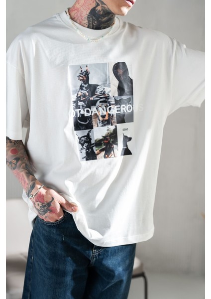 Erkek Beyaz Oversize Bol Kesim Baskılı Tişört %100 Pamuk fırsatları